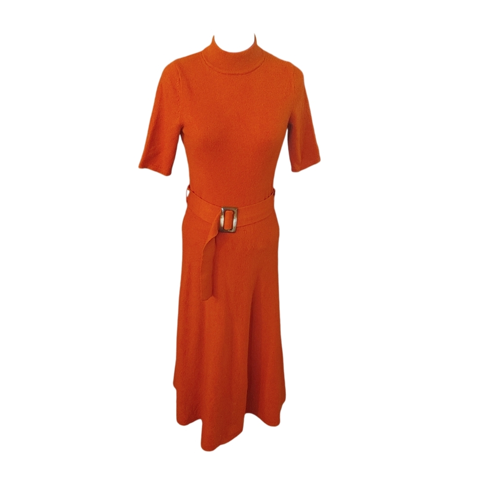 Ann Taylor Red A-Line Midi Dress Mock Neck Short Sleeve